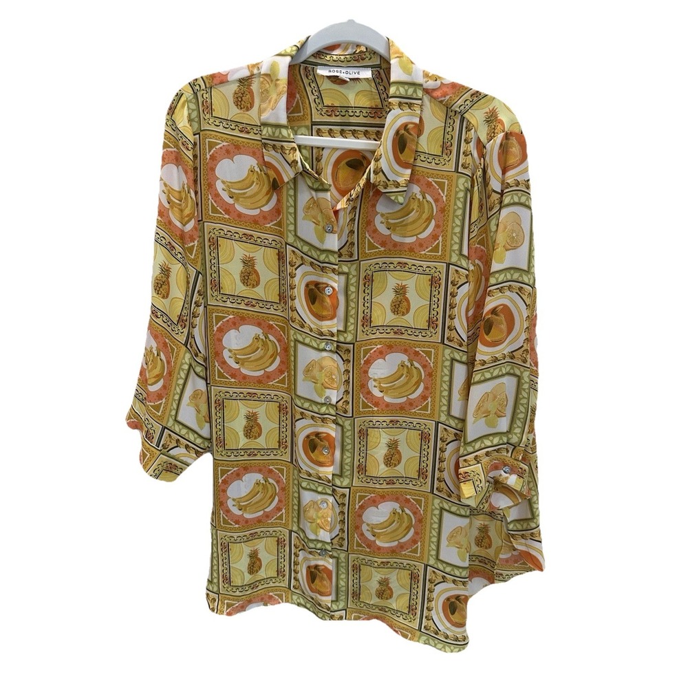 Rose & Olive Tropical Fruit Blouse Button Down Shirt Top Plus Size 1X Swim Cover